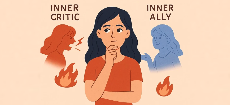 Illustration of a woman choosing between an angry red inner critic figure and a calm blue inner ally figure