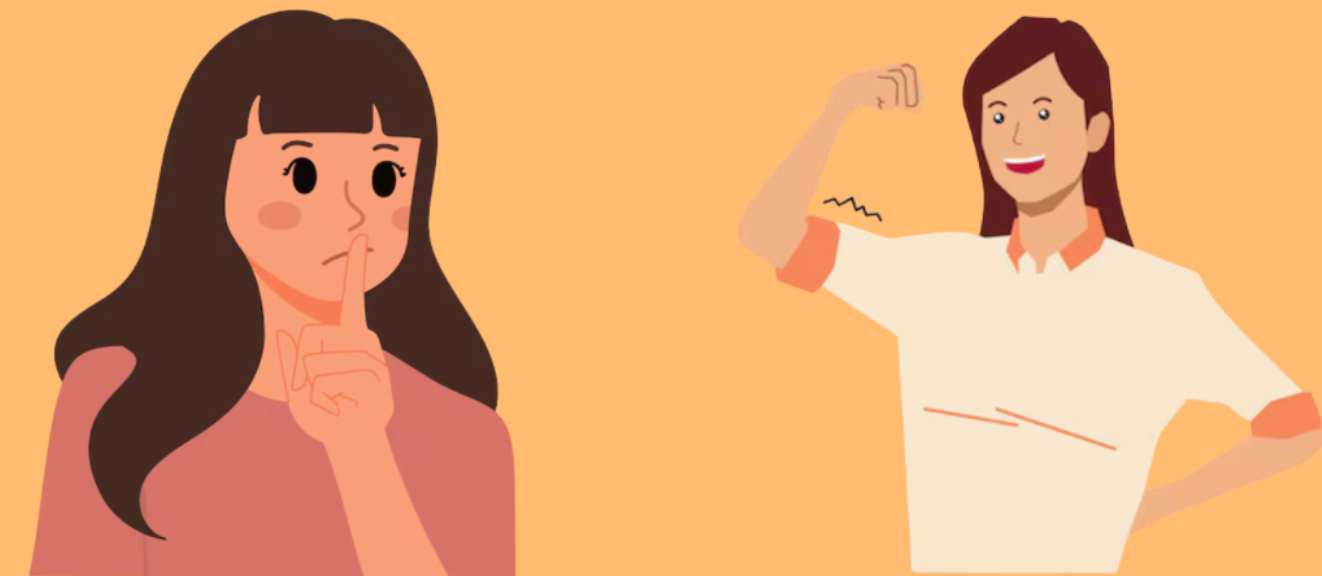 Illustration contrasting two women, one with finger to lips looking sad and another flexing arm looking cheerful