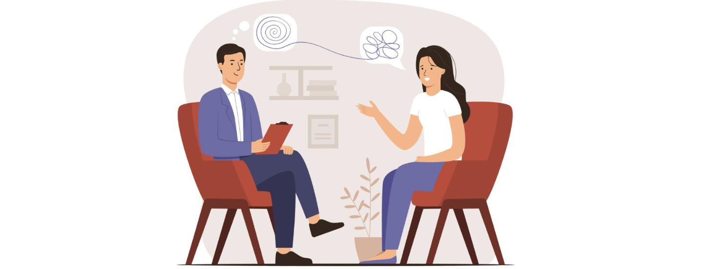 Illustration of a woman talking to a male therapist in an office setting, with thought bubbles showing calm and anxious