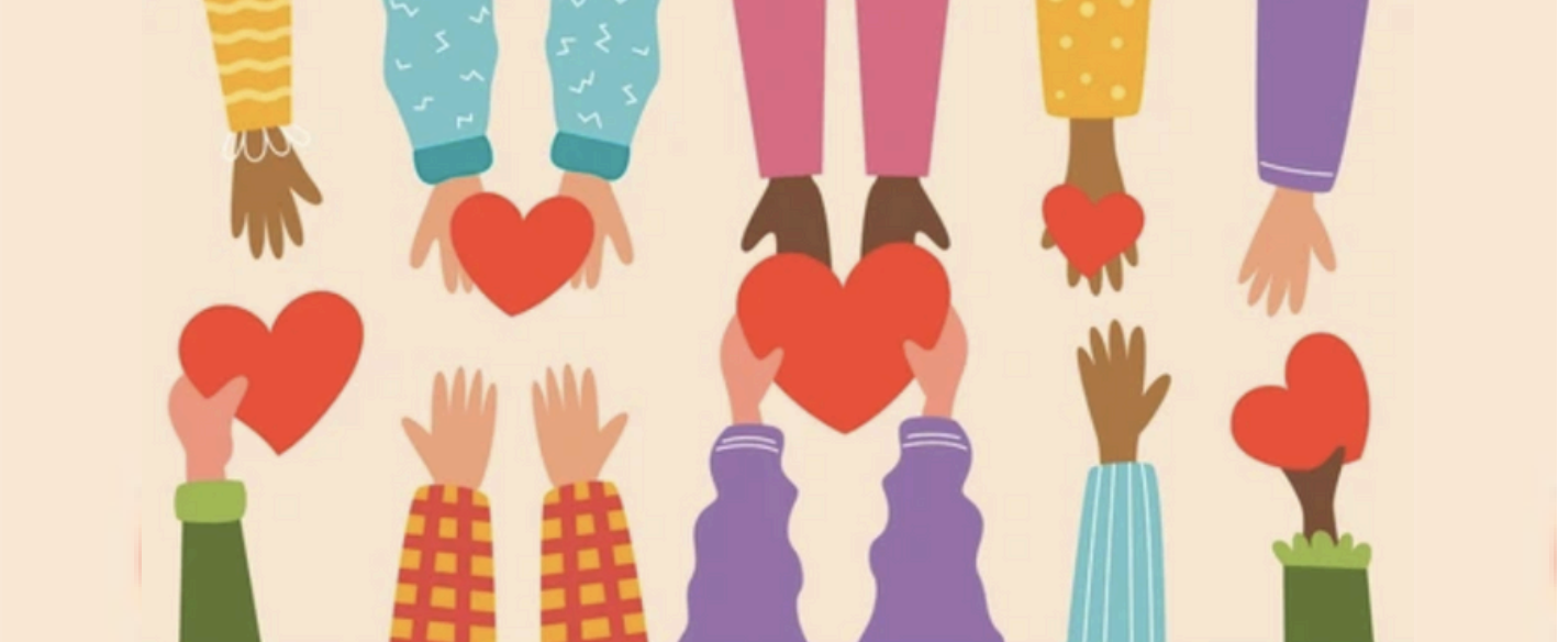 Illustration of diverse hands reaching toward each other, holding and sharing red hearts