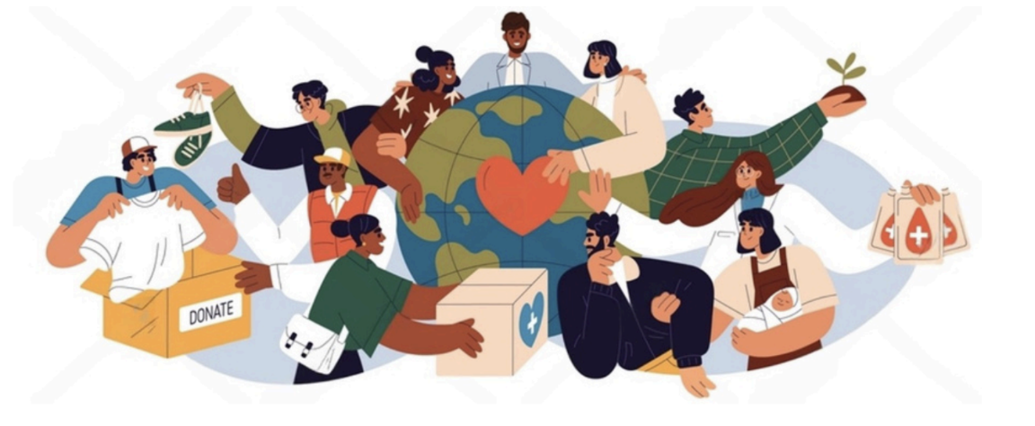 Illustration of diverse people volunteering together around a globe with a heart symbol, showing donation boxes, medical