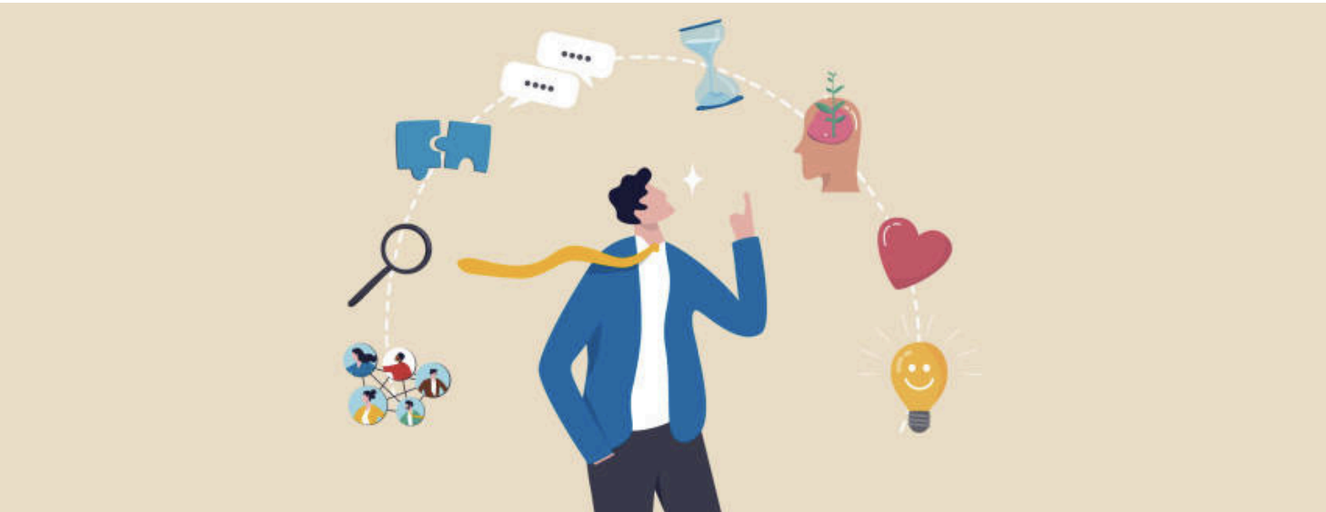Illustration of a leader surrounded by symbols of empathy, communication, and emotional intelligence including puzzle