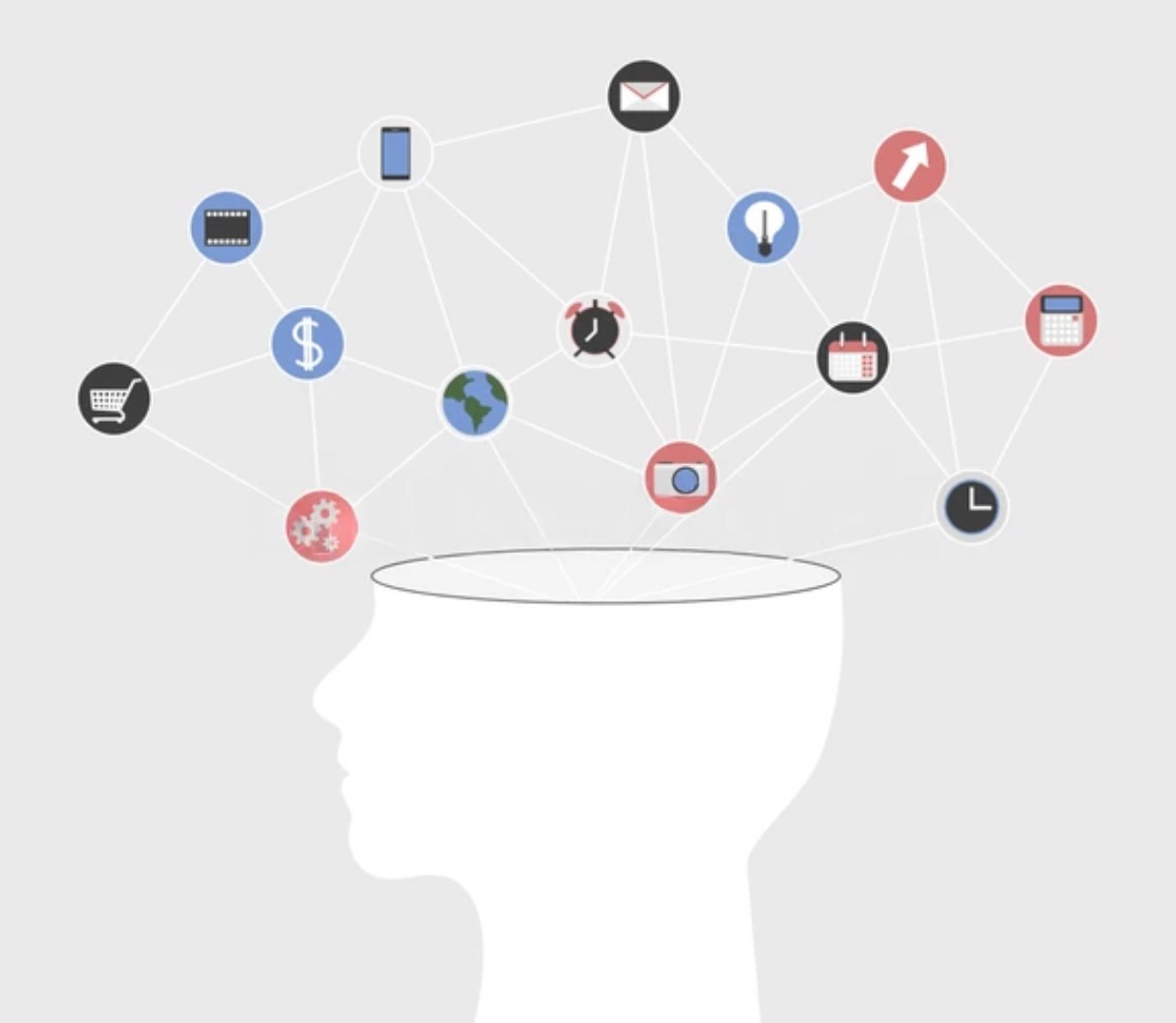 Silhouette of a human head with a network of digital and social media icons floating above, representing adolescent