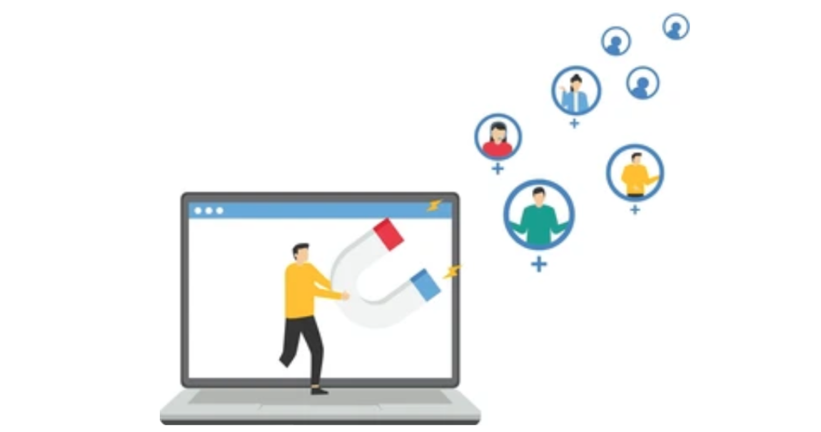 Illustration of a person inside a laptop screen using a magnet to pull in social media users, symbolizing how misinformation