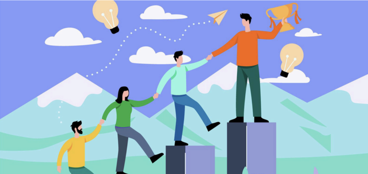 Illustration of four people holding hands and helping each other climb progressively taller blocks, with one person at the
