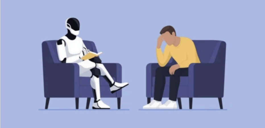 Illustration of a humanoid robot taking notes while a sad man sits with his head in his hand, both in armchairs facing each