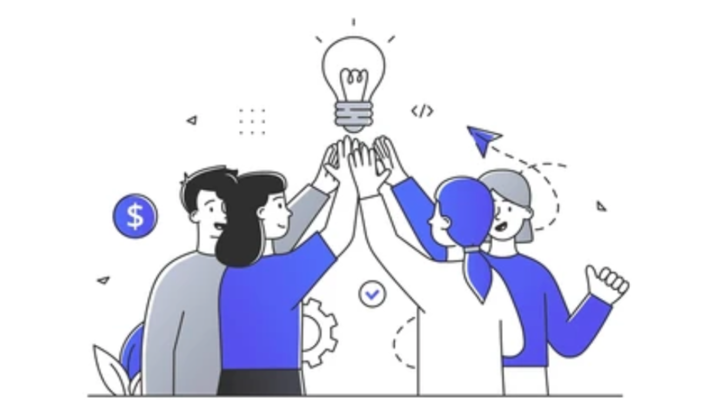 Four team members raising hands together toward a glowing lightbulb, symbolizing collaborative innovation and shared ideas.