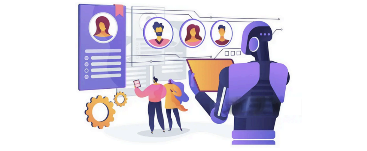 A purple robot reviews job candidate profiles on a digital screen while two people stand nearby with gears in the foreground.