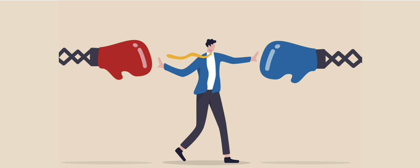 Illustration of a businessman in a blue suit standing between large red and blue boxing gloves, arms outstretched as if