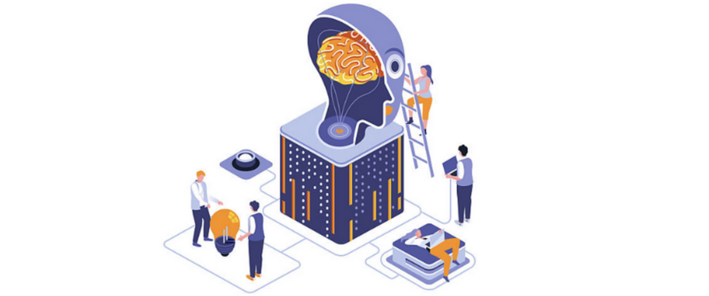 Isometric illustration of people working around a large human head with visible brain, connected to data systems and ideas