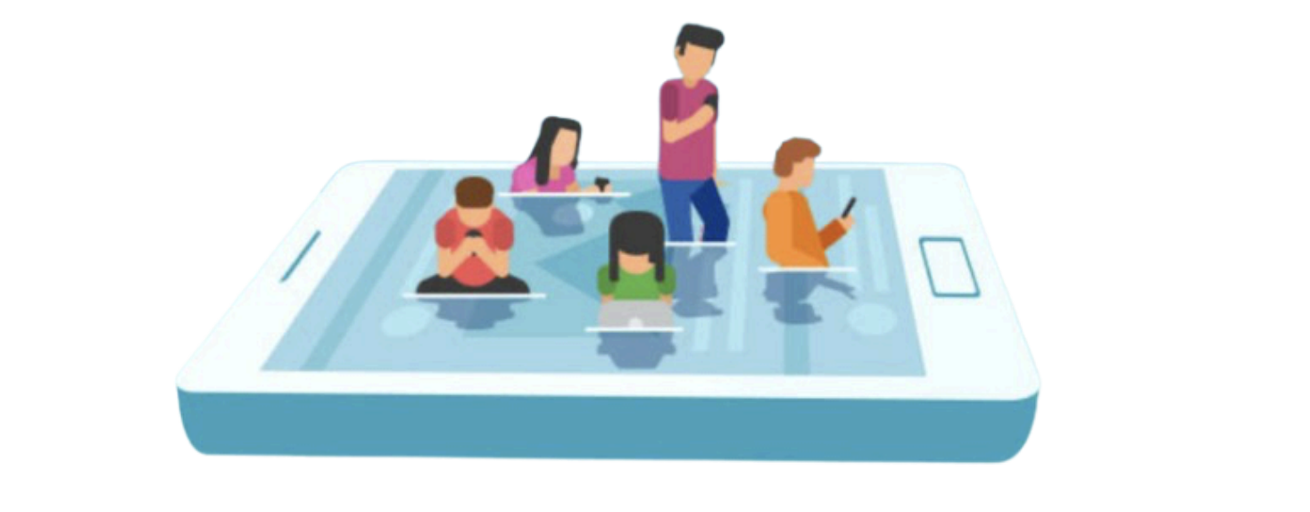 Illustration of five people standing on a giant smartphone screen, each absorbed in their own mobile device