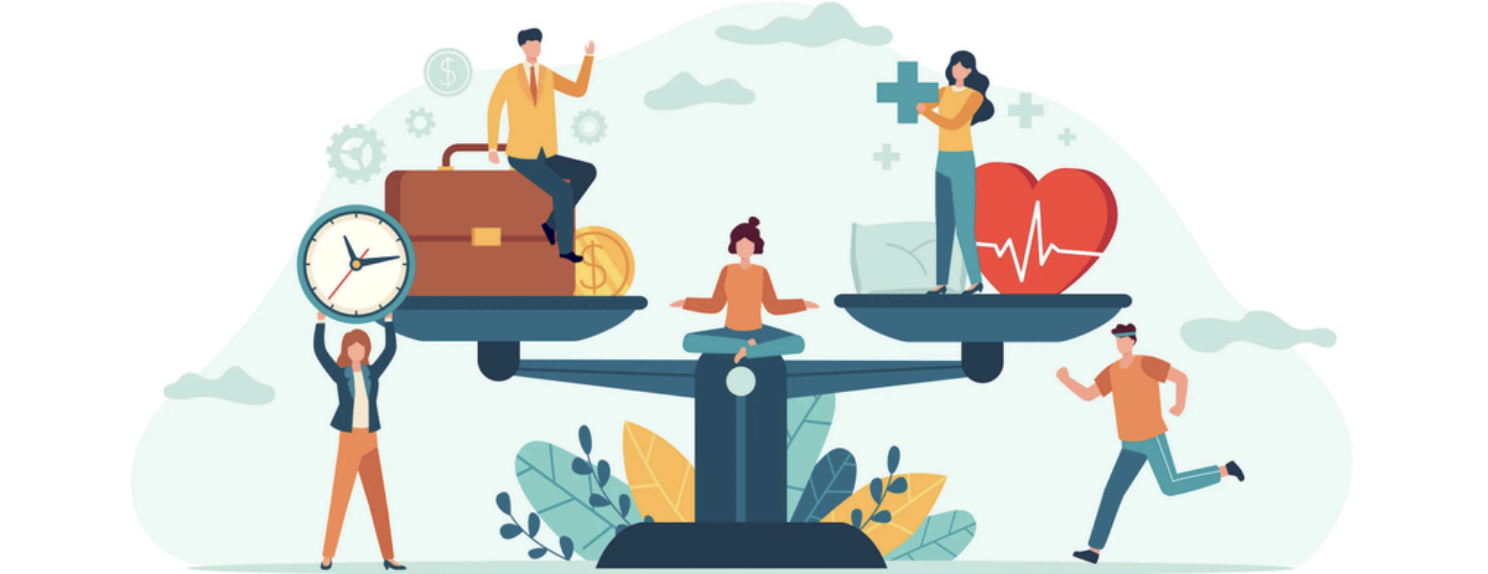Illustration of a scale balancing work elements like briefcase and clock against health symbols like heart and medical