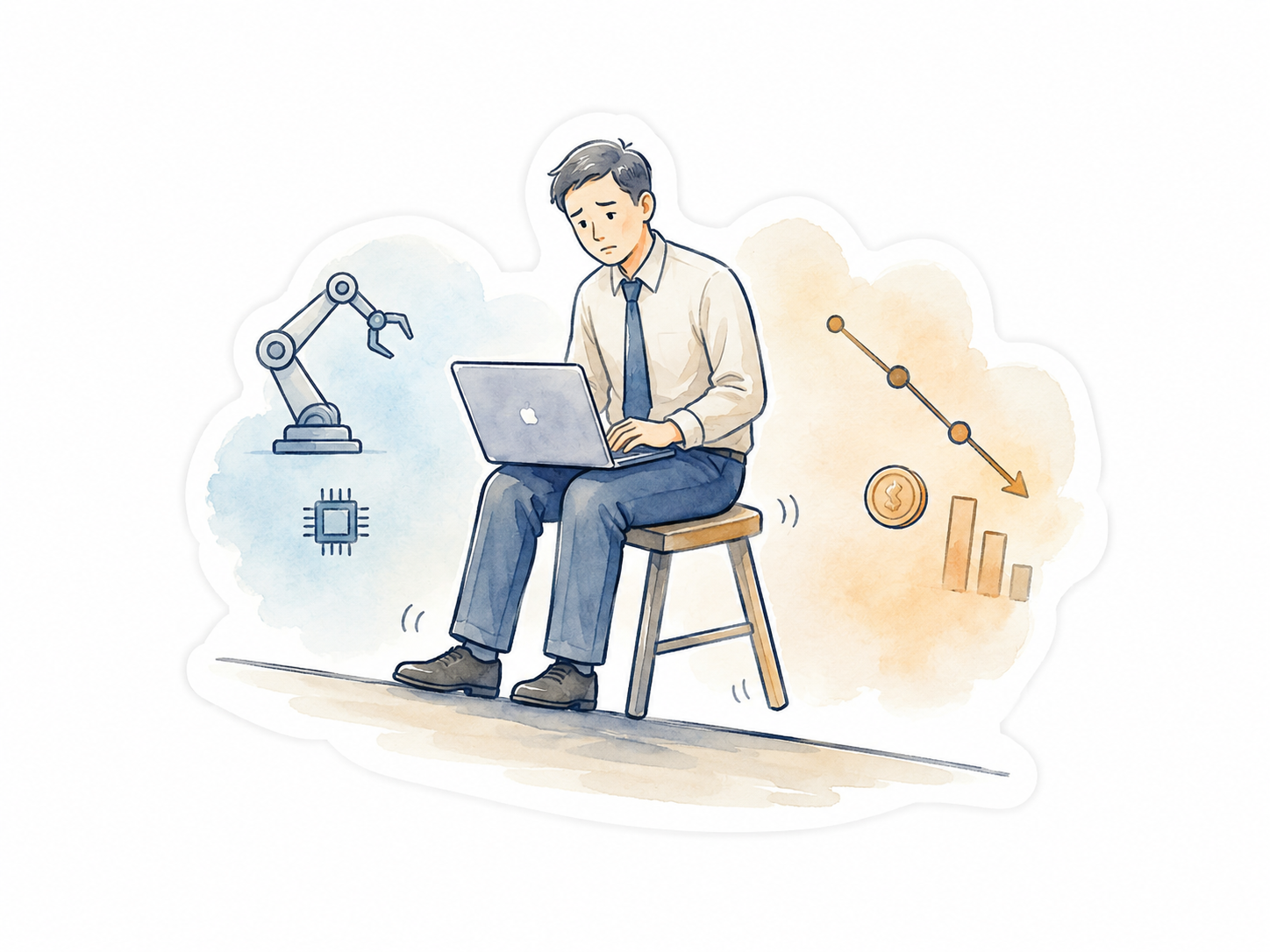 An anxious office worker on a laptop balances between a robotic arm with AI chip and a declining money chart.