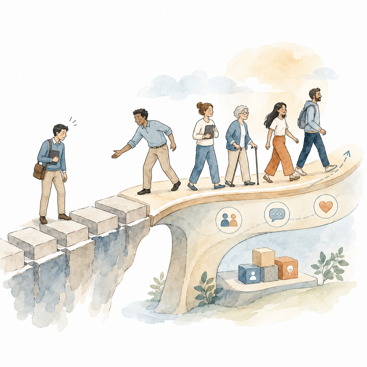A worried employee stands on a broken bridge while colleagues walk ahead on a connected path, illustrating how rigid