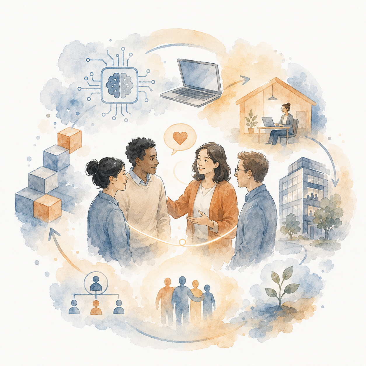 Watercolor illustration showing diverse professionals collaborating at the center, surrounded by symbols of technology