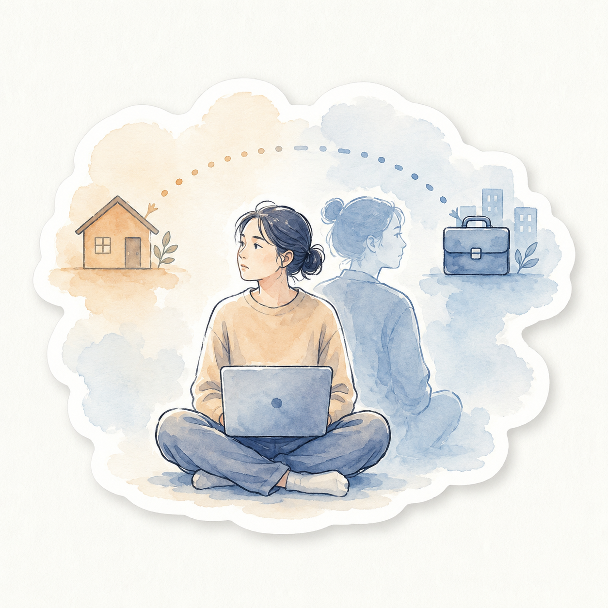 Illustration of a woman working on laptop at home while her translucent double faces away toward a briefcase and city