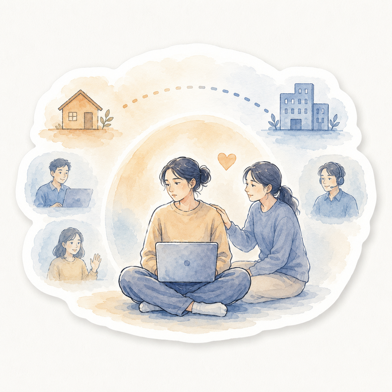 Watercolor illustration of a person working on a laptop at home while another offers comfort, with remote colleagues and