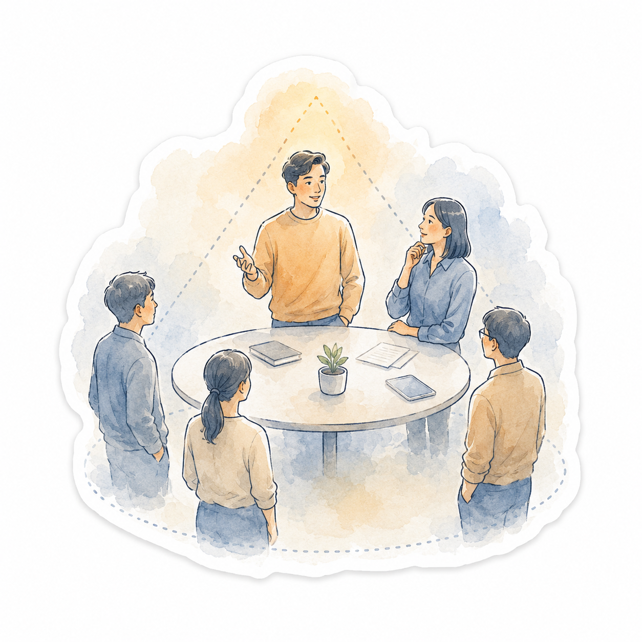 Five people around a table with one person standing and speaking, while dotted lines above them form a subtle pyramid shape