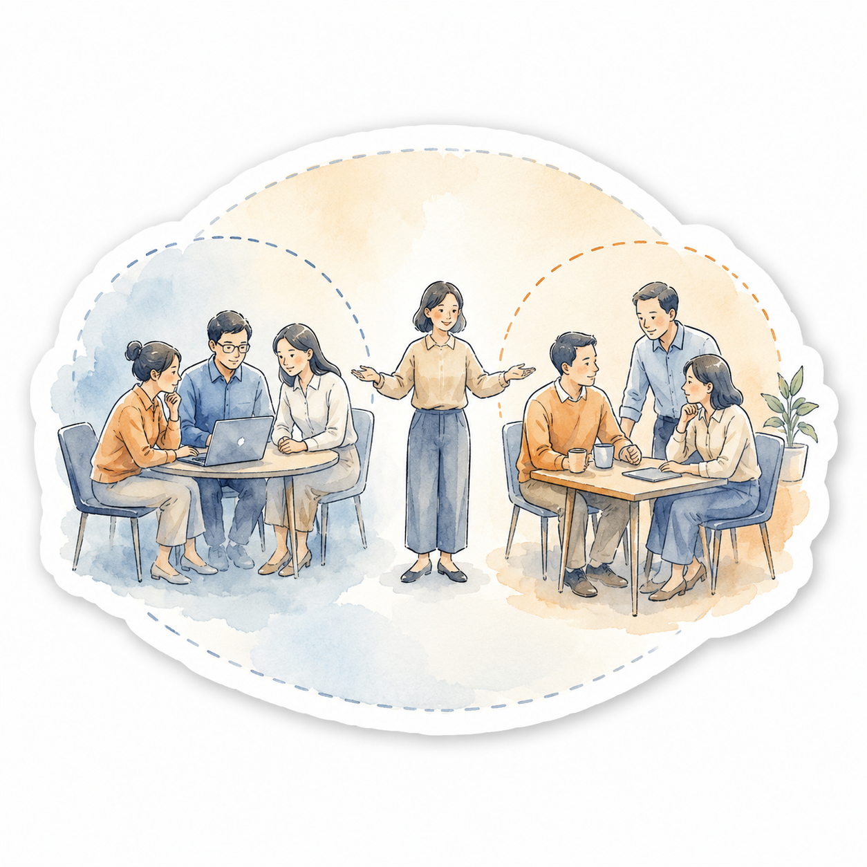 A leader stands between two employee subgroups at separate tables, with dashed circles showing the invisible divisions