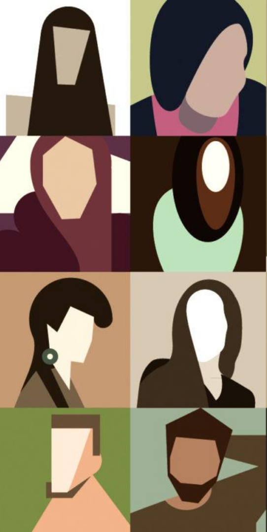 Grid of eight stylized faceless portraits showing people of different apparent ethnicities and styles