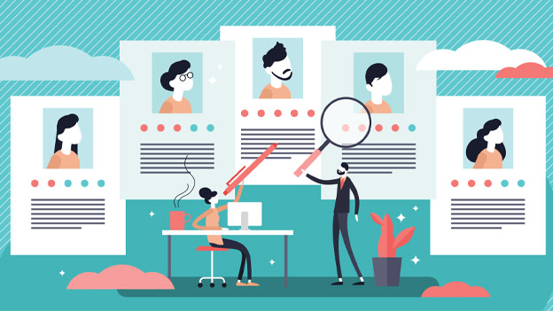 Illustration of managers reviewing employee profiles and performance evaluations with magnifying glass