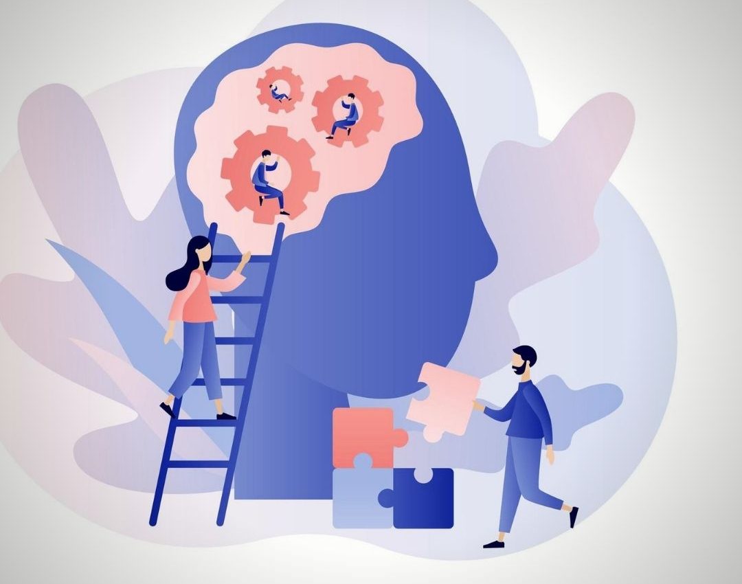 Illustration of people providing mental health support, with one person climbing a ladder toward a brain with gears and